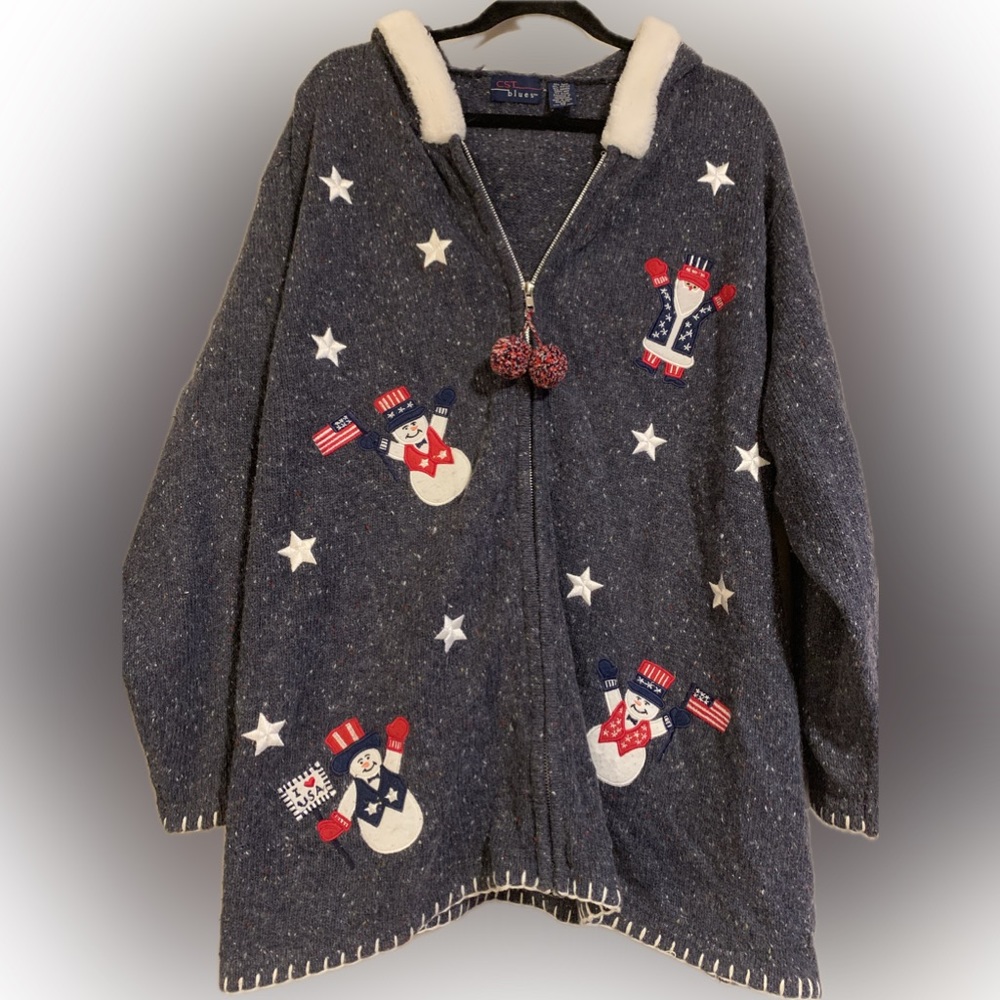 Vintage Americana Snowmen Snowman hooded sweater jacket size 2X Women’s angora